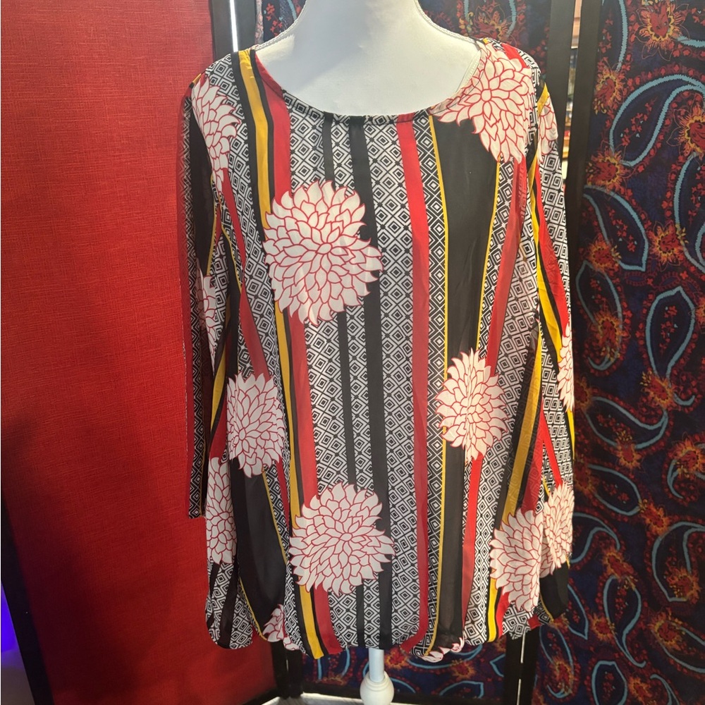 Floral Stripe Long-Sleeve Women's Top - Black, Red & Yellow. New-M &M catalog